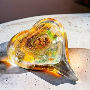 Hand Blown Art Glass Heart Figurine Paperweight Multicolor Swirls Artist Signed